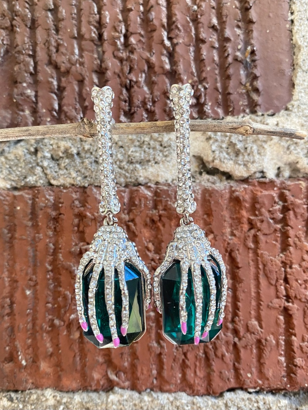 Betsey Johnson Witchโs Hand Earrings with Emerald Stone and Fuschia Fingernails